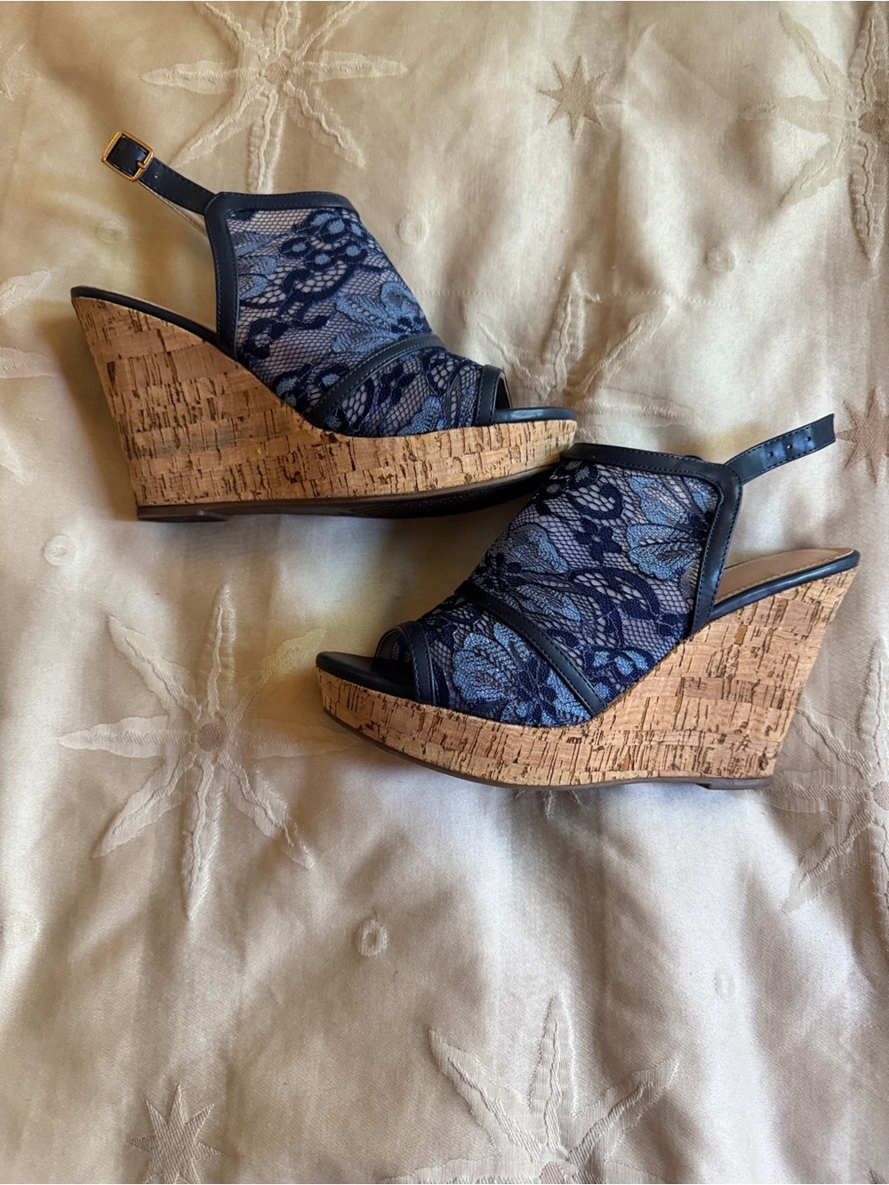 Women's Blue Lace Cork Wedge Sandals - Slingback Peep Toe